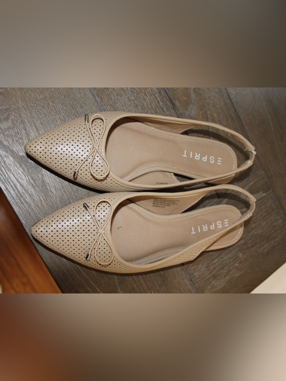 Esprit Nude Perforated Pointed Slingback Flats with Bow